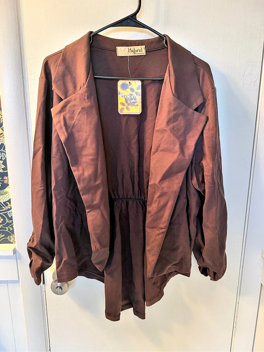 Hybrid & Company Casual Open Front Ruched Sleeve Blazer Jacket Brown 2X